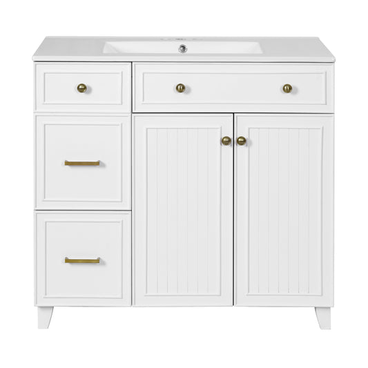 36' Modern Bathroom Vanity with Ceramic Sink, Soft Close Doors, Adjustable Shelves, Solid Wood Frame+MDF