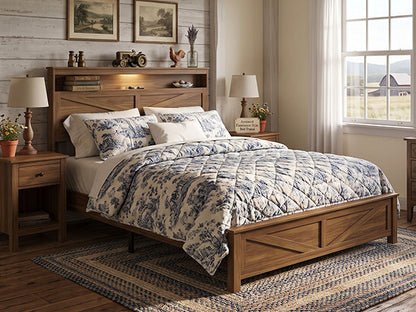 Queen size bed frame headboard with LED lights and charging station cushion platform bed frame, large bed, with headboard and hidden storage space, no box spring required, Antique,Brown