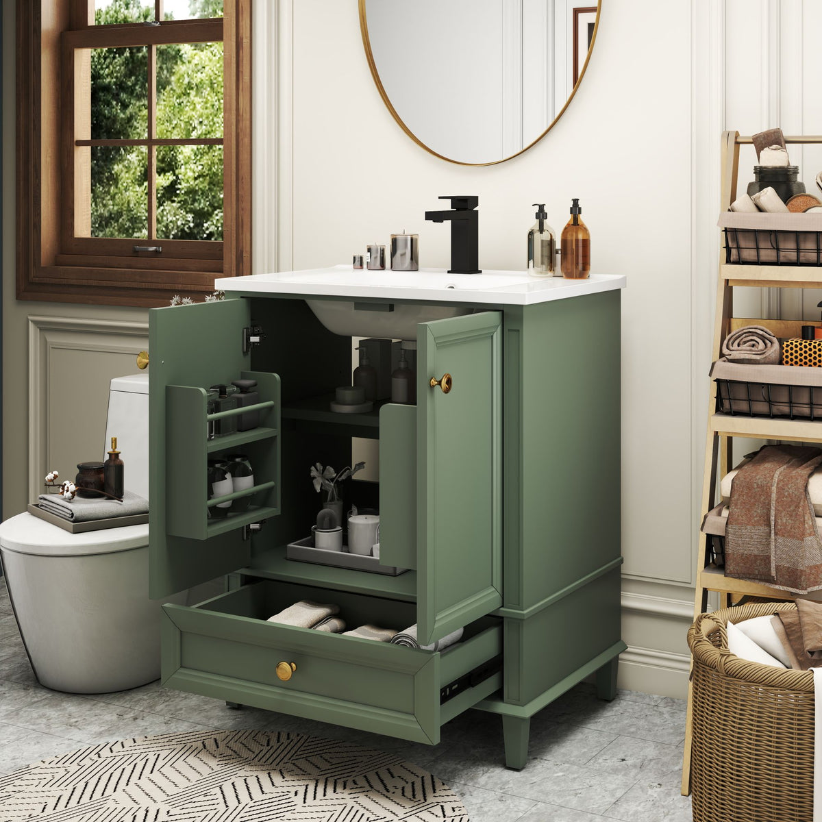 27.8" Modern Bathroom Vanity Set with Reinforced Legs & Painted Surface, Mid-Century Freestanding Bathroom Vanity Sink with Storage, High-end Restroom Vanity Cabinet with Drawer& Hidden Storage Shelvs