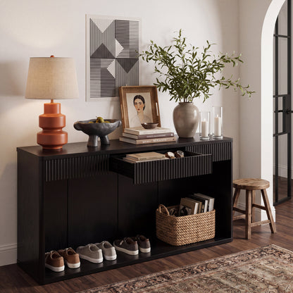 63" Fluted Console Table with 3 Drawers, Long Sofa Table Behind Couch for Living Room, Hallway, Foyer,Black