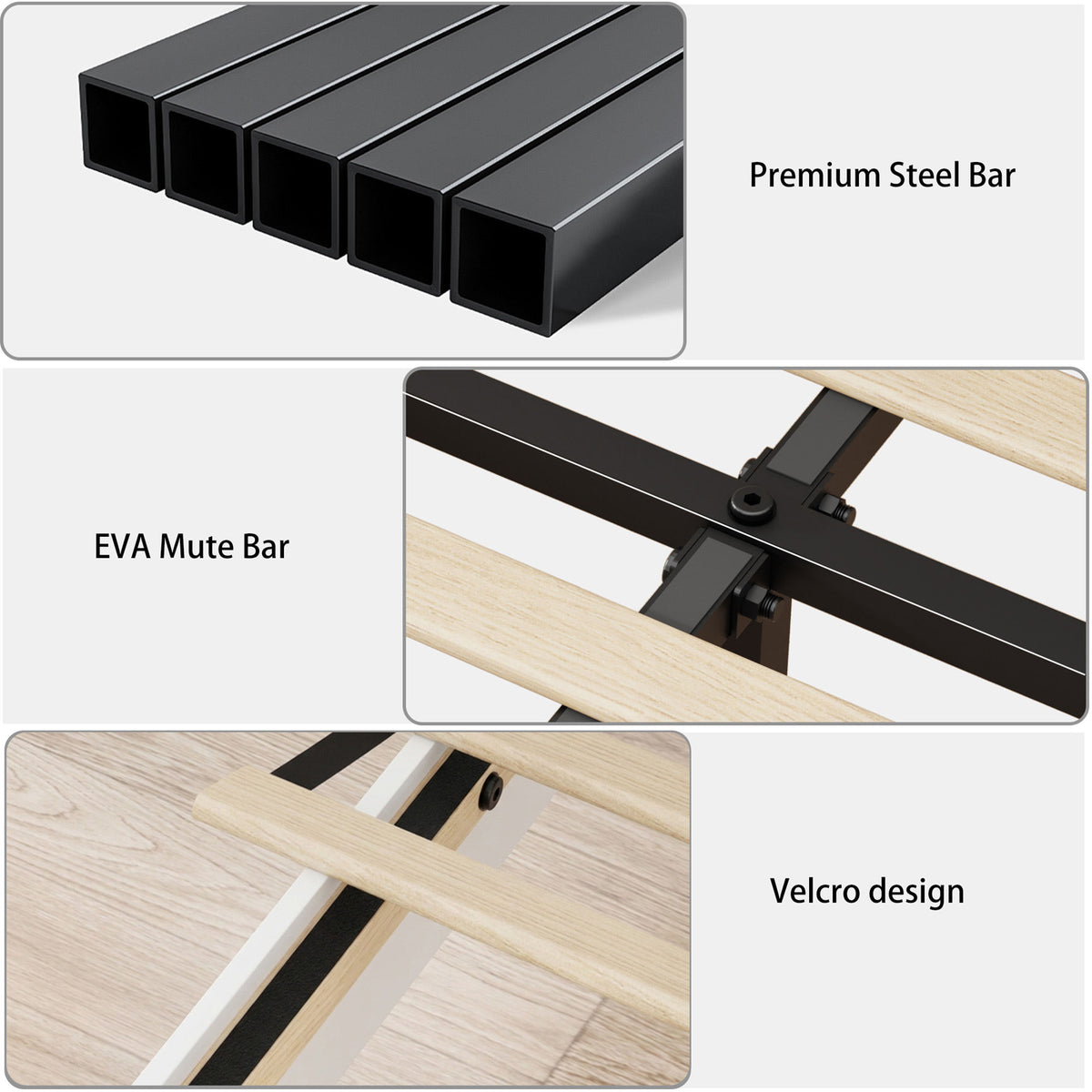 King size bed, metal bed frame with charging station, no need for box spring, (white), no noise, easy to assemble.