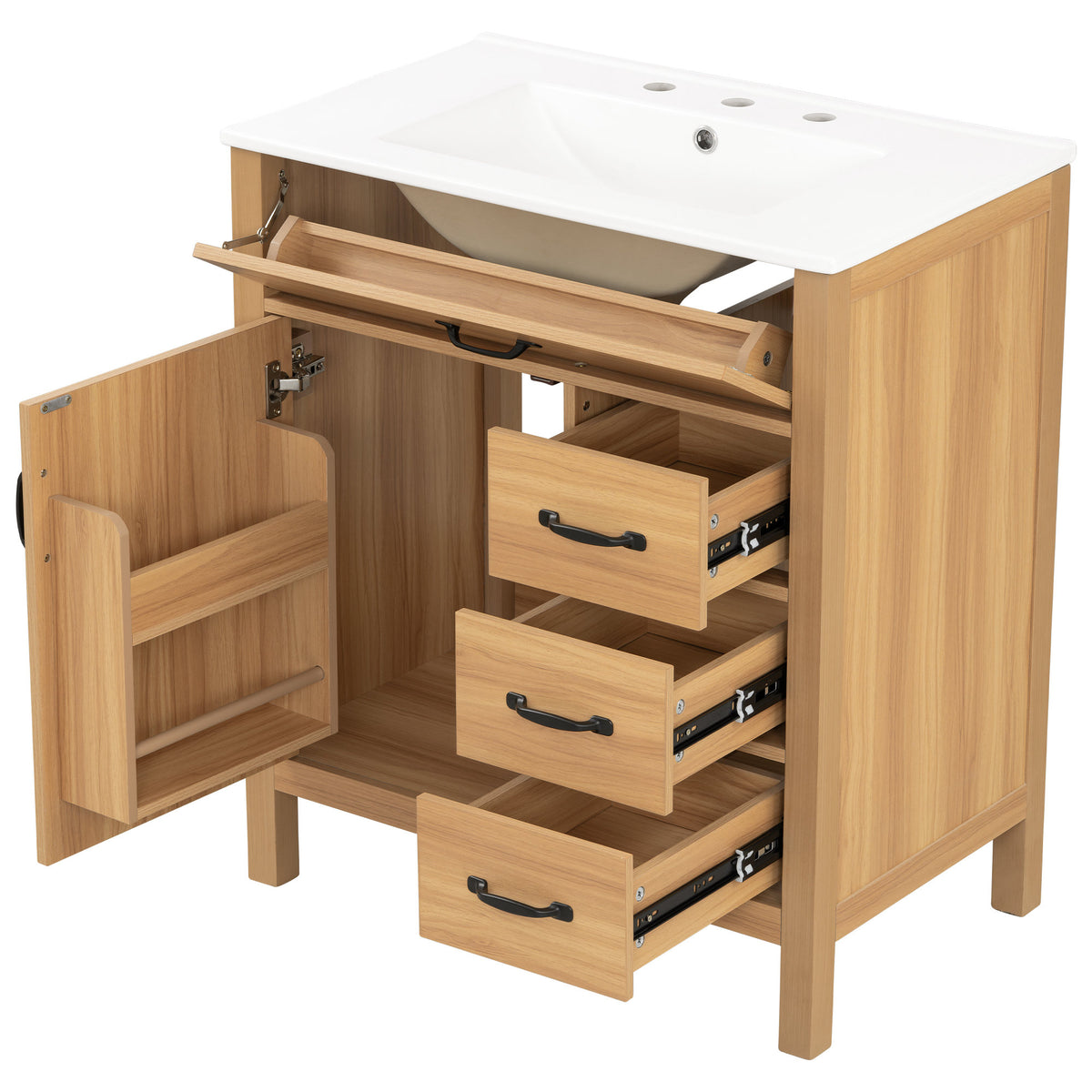 Modern 30 Inch Bathroom Vanity with Ceramic Sink, MDF Cabinet & Solid Wood Legs, Soft Close Drawers, Black Zinc Alloy Handles, Wood Finish