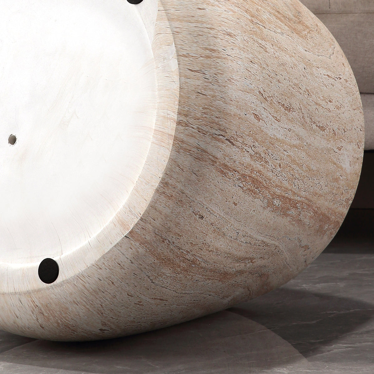 Drum Shaped Accent Coffee Table, MgO Faux Travertine Round Coffee Table, Indoor & Outdoor Decorative Table for Living Room Patio Yard, Top Dia 14.57" x Bottom Dia 18.90" x H 16.54"