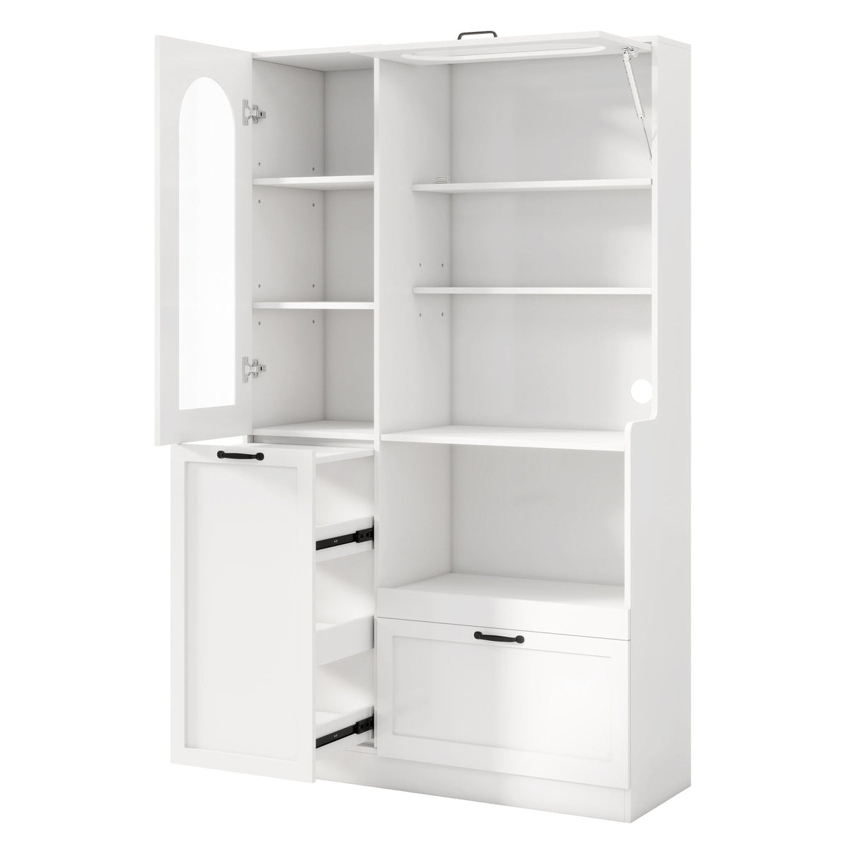 TREXM Tall Freestanding Kitchen Pantry Cabinet with Arched Glass Door, Flip-Up Cabinet Door, Pull-Out Shelves & Drawer, Adjustable Shelves, Storage Cupboard for Kitchen Dining Room (White)