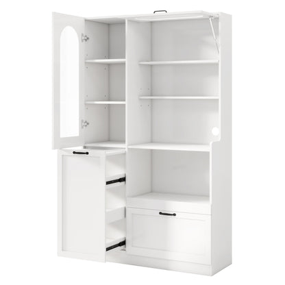 TREXM Tall Freestanding Kitchen Pantry Cabinet with Arched Glass Door, Flip-Up Cabinet Door, Pull-Out Shelves & Drawer, Adjustable Shelves, Storage Cupboard for Kitchen Dining Room (White)