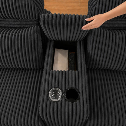 Modern Black corduroy 6-seater U-shaped sofa with lounge chair and cup holder -145.7 inch oversized modular compression sofa, suitable for home theaters, luxury living spaces, tool free assembly