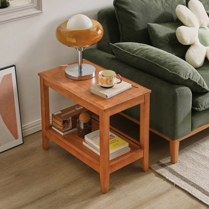 100% Solid Wood Rustic Side Table for Living Room,End Table with Storage Shelf  2-Tier Sofa Table for Living Room, Rubber Wood Indoor Plant Stand