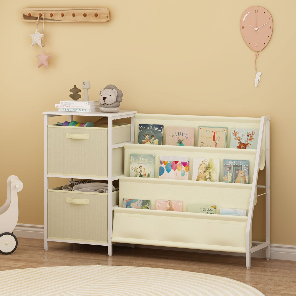 Kids Bookshelf with 3-Tier Front-Facing Book Display, 2 Storage Bins and Bottom Cabinet, Children's Bookcase Organizer for Bedroom, Playroom and Nursery