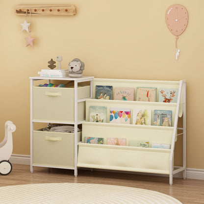 Kids Bookshelf with 3-Tier Front-Facing Book Display, 2 Storage Bins and Bottom Cabinet, Children's Bookcase Organizer for Bedroom, Playroom and Nursery