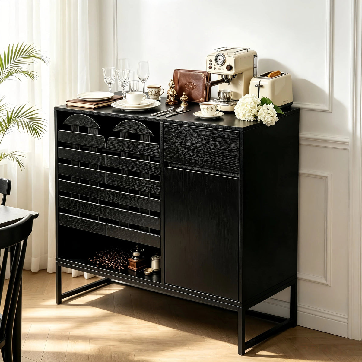 Buffet Cabinet with Storage: 44.49"Black Woven Door Accent Cabinets,with Arched Doors,with Multi layer Adjustable,with Metal Leg,woven door and drawer - for Kitchen Living Dining Room Entryway