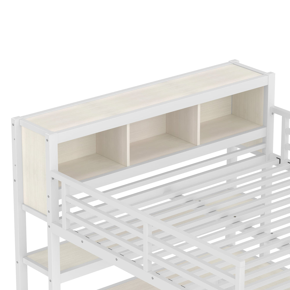 Metal Loft Bed with Wardrobe And L-shaped Desk, Queen Size Loft Bed with Storage Cubes and Shelves, Heavy Duty Loft Bed for Kids Teens Adults, White Wood-grain