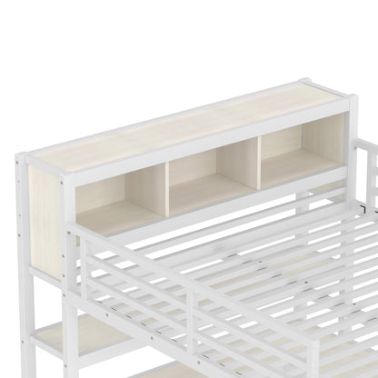 Metal Loft Bed with Wardrobe And L-shaped Desk, Queen Size Loft Bed with Storage Cubes and Shelves, Heavy Duty Loft Bed for Kids Teens Adults, White Wood-grain
