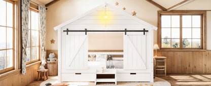 Twin Size Farmhouse Bed with Sliding Barn Door and Light Bulb, Wood house Bed Frame with Stair and Drawers, White