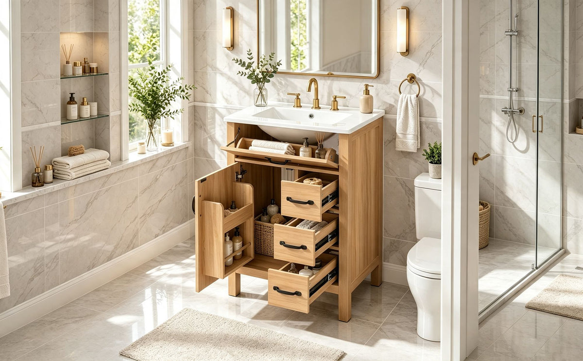 24 Inch Modern Traditional Bathroom Vanity with Ceramic Sink, MDF Cabinet & Solid Wood Legs, Black Zinc Alloy Handles, Wood Grain Melamine Finish