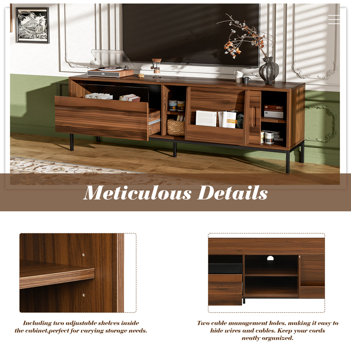 U-Can 70.8'' Modern TV Stand for TVs up to 75 Inches, Entertainment Center with Storage Space, Sliding Doors, Adjustable Shelves and Metal Frame, Mid Century Modern Media TV Console Table for Living R