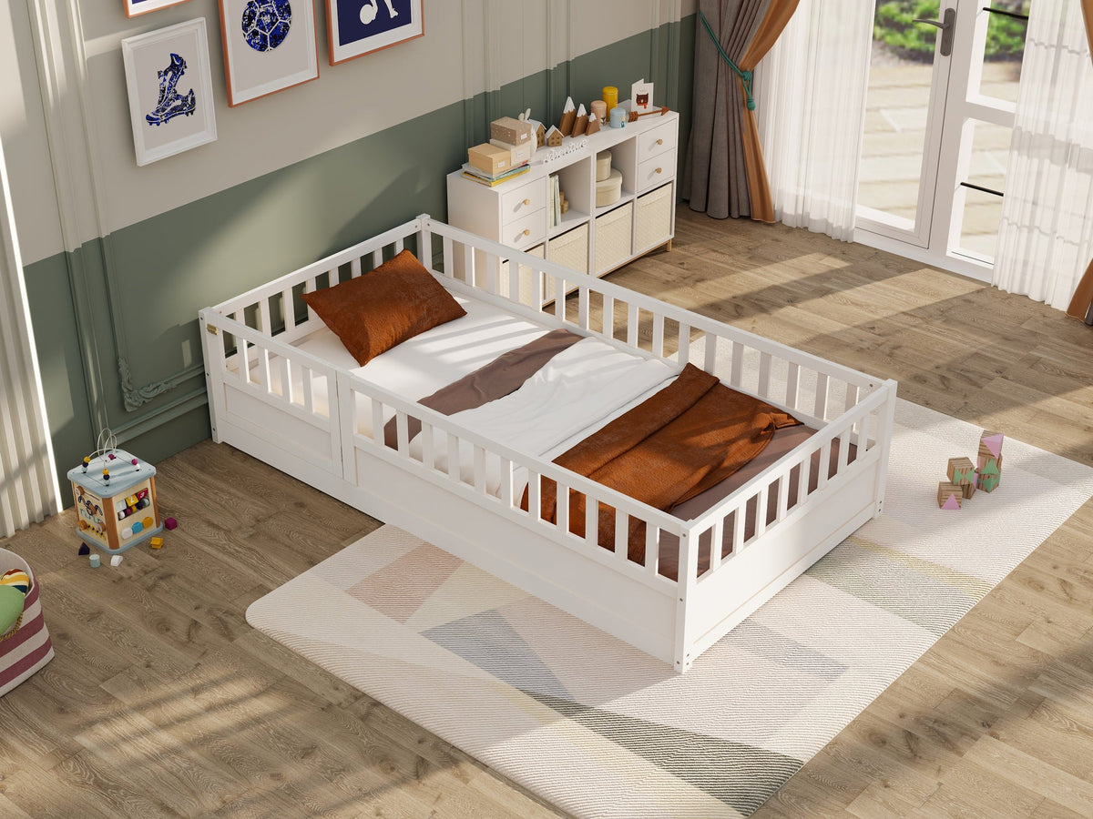Twin Size Floor bed, integral construction with super high security barrier, door, children's floor bed frame