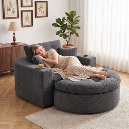 Oversized Dark Gray Round Chaise Lounge Sofa, Upholstered Lounge Chair with 3 Pillows, Boneless Sofa Couch with Ottoman, Deep Seat Chair for Living Room, Bedroom, No Assembly