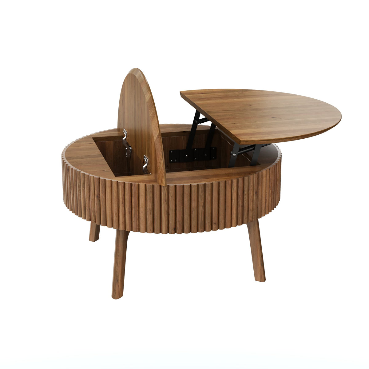 Modern Round Lift-Top Coffee Table with Half Flip-Top & Hidden Storage, Solid Wood Mid-Century Coffee Table with Fluted Design, 30.3' Walnut Space-Saving Center Table for Living Room