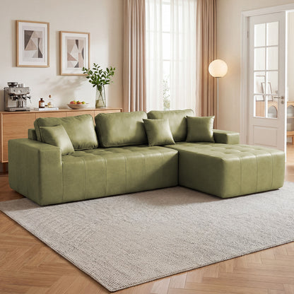 Faux Leather Corner Chaise Compression Sofa Bed, L-Shaped Sectional Couch with High-Density Sponge, No-Assembly Required Convertible Sofa for Living Room, Apartment, Guest Room(Green)