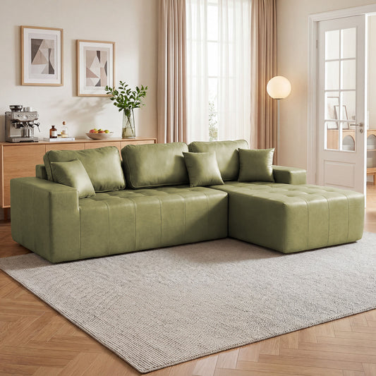 Faux Leather Corner Chaise Compression Sofa Bed, L-Shaped Sectional Couch with High-Density Sponge, No-Assembly Required Convertible Sofa for Living Room, Apartment, Guest Room(Green)