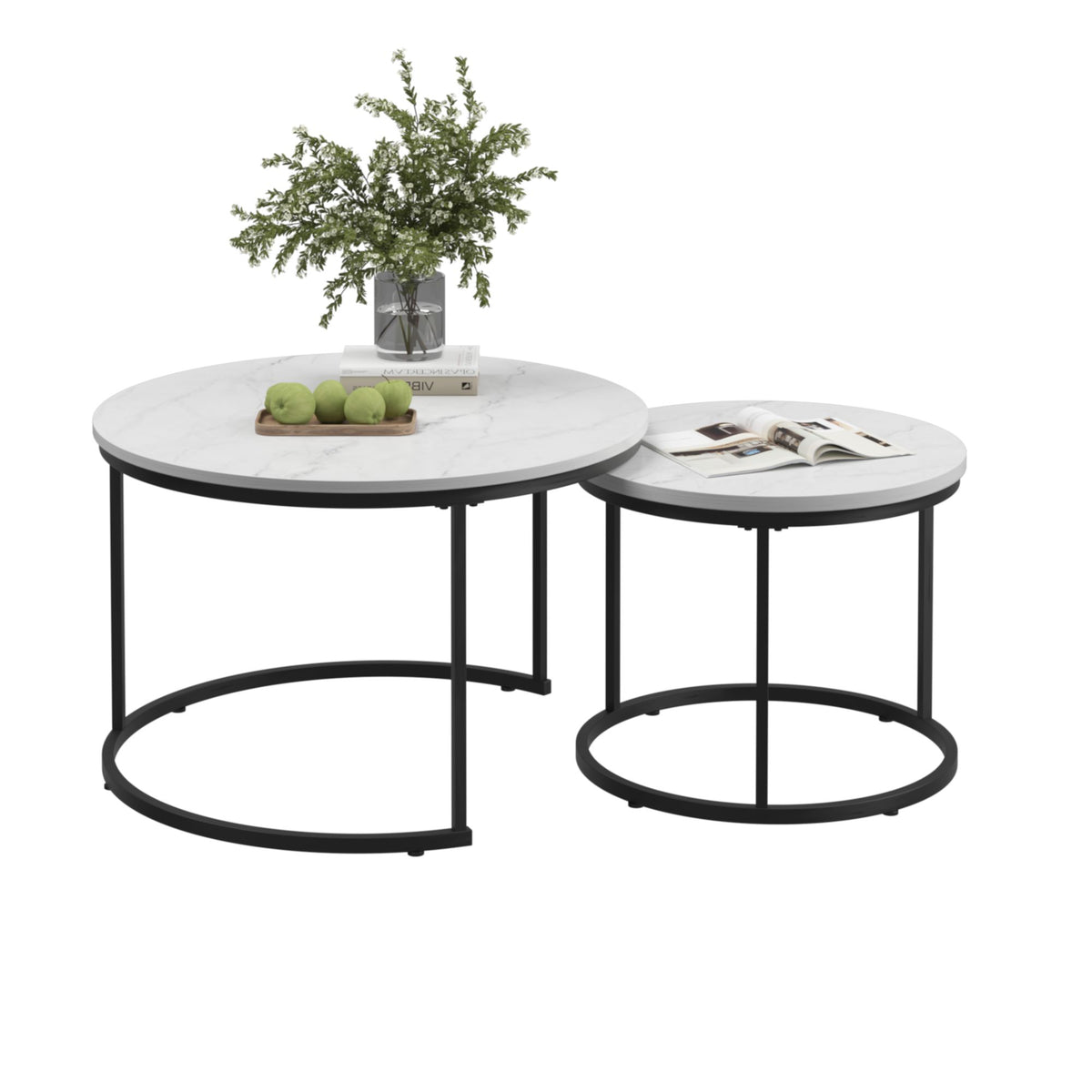 Nesting Coffee Table Set of 2, 27.6inch Round Coffee Table Wood Marble Pattern Top with Sturdy Metal Frame - White
