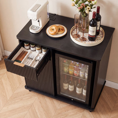 Fluted Coffee Bar Cabinet with Mini Fridge Space & Charging Station, Home Bar Cabinet with Hidden Trash Can Storage & Drawer for Kitchen, Dining Room or Living Room,Black