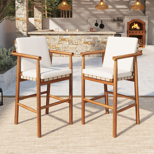 Outdoor Counter Height Bar Stools Chair Set of 2, Modern Patio Acacia Wooden Stools with Backrest Arm and Webbing Seat