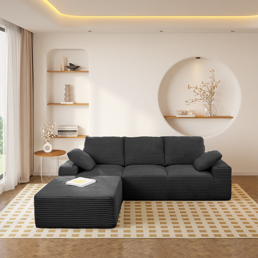 103.5' Cloud Sectional Couch with L-Shape Chaise,Modern Modular Sofa with Deep Seat, Upholstered Couches for Living Room Bedroom,No Assembly Required, Black (Plush Corduroy Fabric)