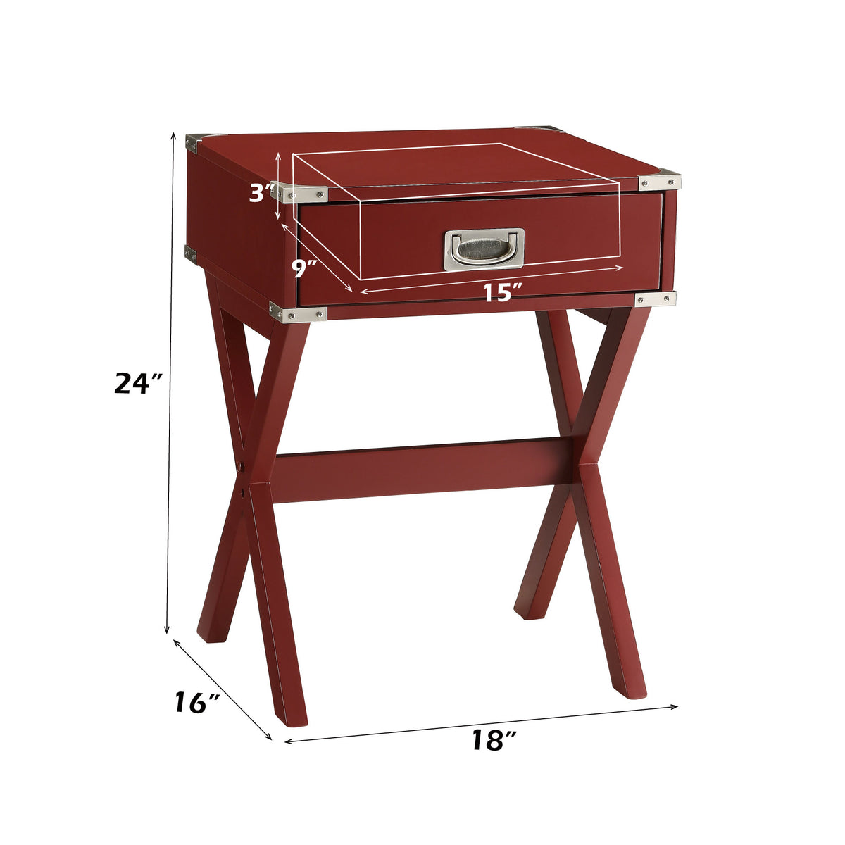 Babs Red Finish Accent Table with Modern Square Design and Functional Drawer in Red Synthetic Wood, 16 x 18 x 24 inches