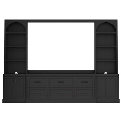 Modern Arched Entertainment Center Wall Unit with 6 Drawers, Farmhouse Large TV Stand with Bookshelves for TVs Up to 70', All-in-One Media Console with Adjustable Shelves for Living Room, Black