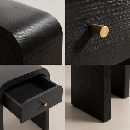 Curved black wooden side table with 1 drawer Nightstand Side End Table with Rounded Edge Tabletop for Bedroom Living Room