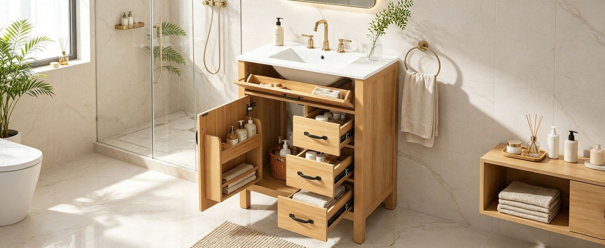 Modern 30 Inch Bathroom Vanity with Ceramic Sink, MDF Cabinet & Solid Wood Legs, Soft Close Drawers, Black Zinc Alloy Handles, Wood Finish