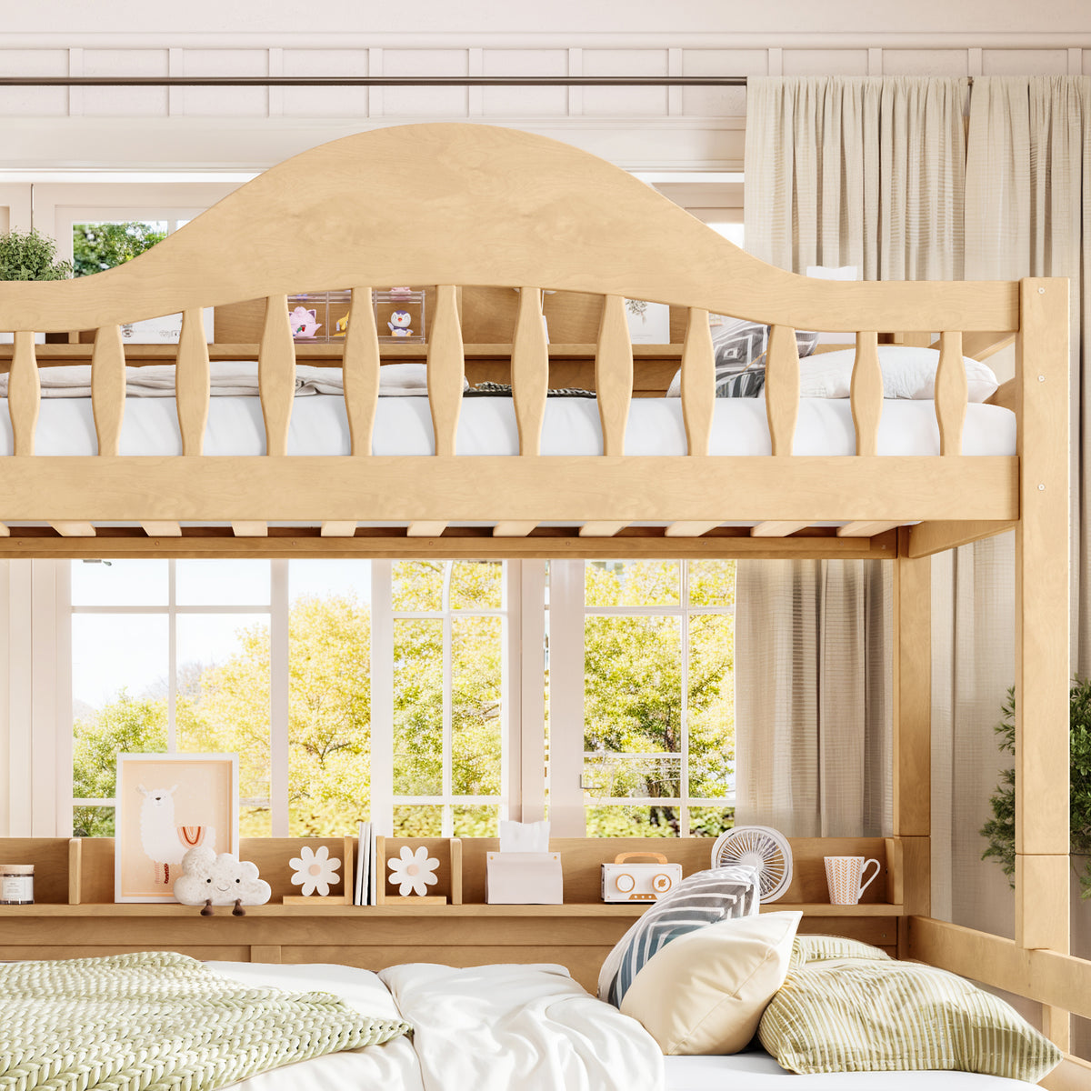 Twin XL Over Queen Bunk Bed with Storage Drawers, Chic Curved Guardrail & Side Storage Shelves, solid wood Bunk Bed Frame with Ladder, No Box Spring Needed. Natural