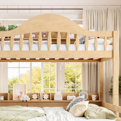 Twin XL Over Queen Bunk Bed with Storage Drawers, Chic Curved Guardrail & Side Storage Shelves, solid wood Bunk Bed Frame with Ladder, No Box Spring Needed. Natural