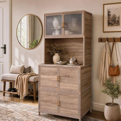 Tall Storage Cabinet, 31.50" W x 19.69" D x 65.75" H, Freestanding Indoor & Outdoor Storage Cabinet with Ribbed Acrylic Doors, 6-Door Utility Cabinet for Kitchen, Entryway, Patio & Garage