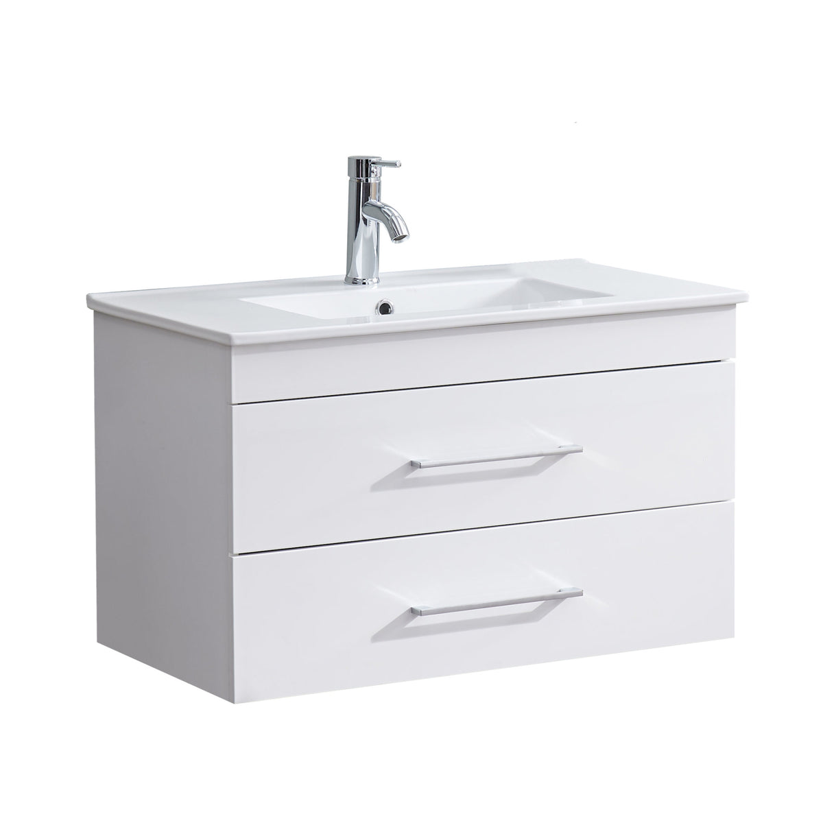 32-Inch White Gloss Wall-Mounted Bathroom Vanity with Double Drawers, Soft-Close System,Ceramic Sink, Create a Modern and Minimalist Bathroom Space!