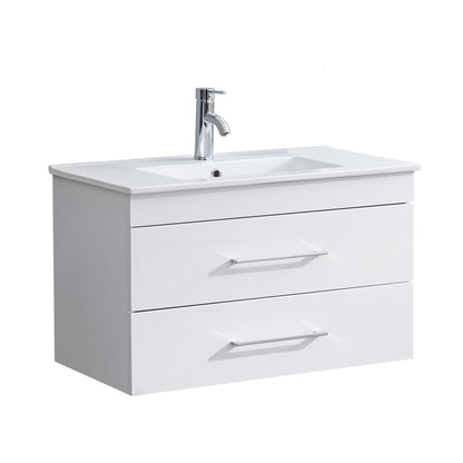 32-Inch White Gloss Wall-Mounted Bathroom Vanity with Double Drawers, Soft-Close System,Ceramic Sink, Create a Modern and Minimalist Bathroom Space!