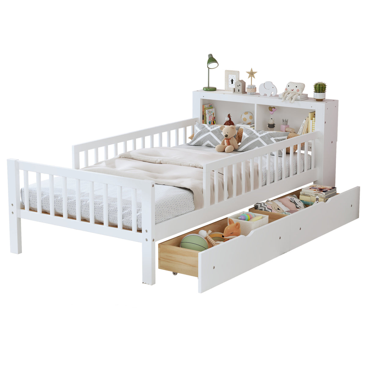 Twin Size Bed with Headboard Storage Rack, Two Under-Bed Drawers, Three-Side Guardrails for Safety and Security, White