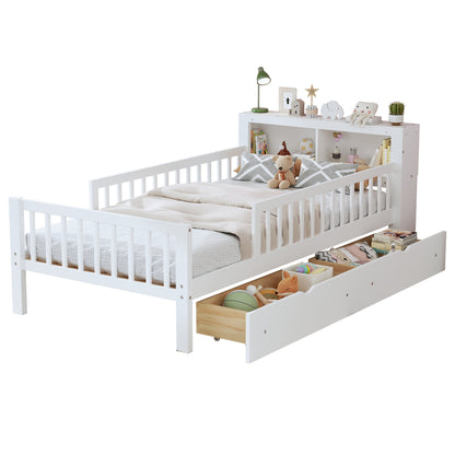 Twin Size Bed with Headboard Storage Rack, Two Under-Bed Drawers, Three-Side Guardrails for Safety and Security, White