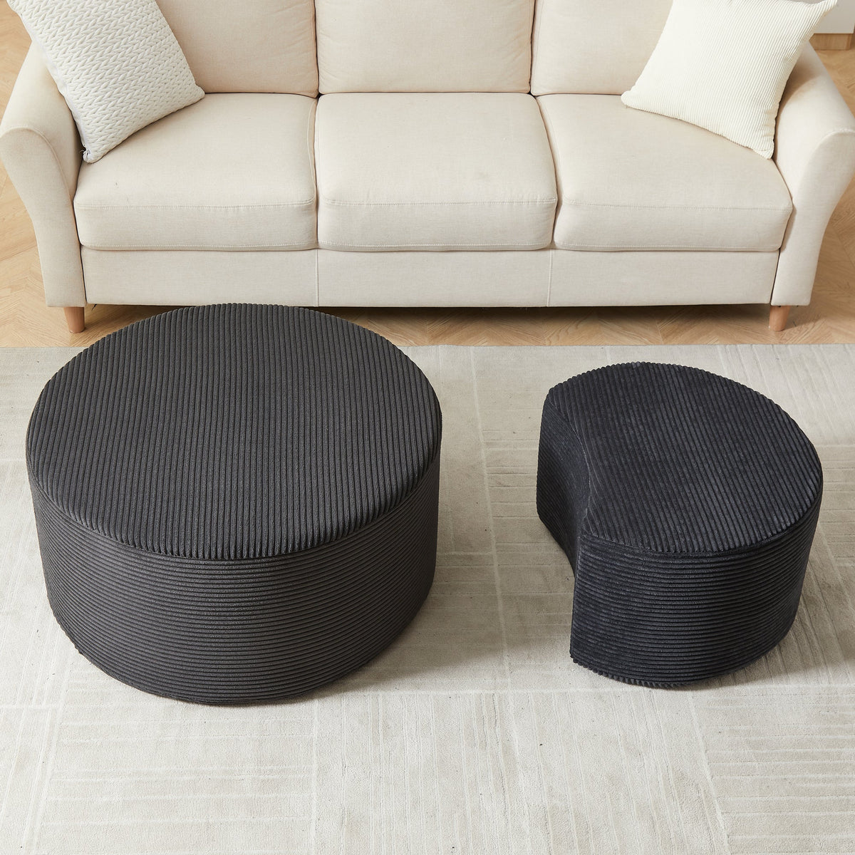 Modern Upholstered Round Coffee Table Set of 2 in Black, Corduroy Fabric, No Assembly, Perfect for Living Room or Bedroom