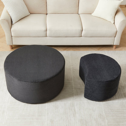Modern Upholstered Round Coffee Table Set of 2 in Black, Corduroy Fabric, No Assembly, Perfect for Living Room or Bedroom