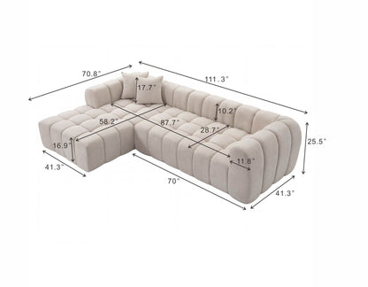 111.3" Camel Tufted Bubble Modular Sectional Sofa, Vacuum Compressed Foam L Shape Cloud Couch, Boucle Teddy Fabric Plush Corner Sofa with Pillows, Boneless Compression Sofa for Living Room.