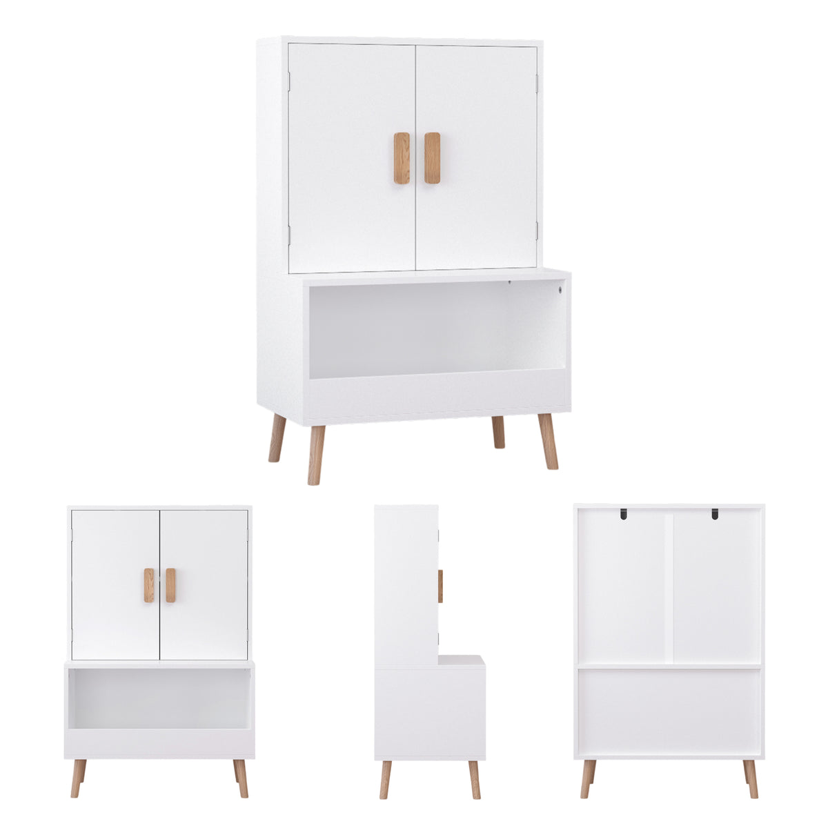 Kids Toy Storage Cabinet with Doors and Open Shelf, White Modern Wooden Organizer with Natural Wood Legs, Toddler Bookshelf