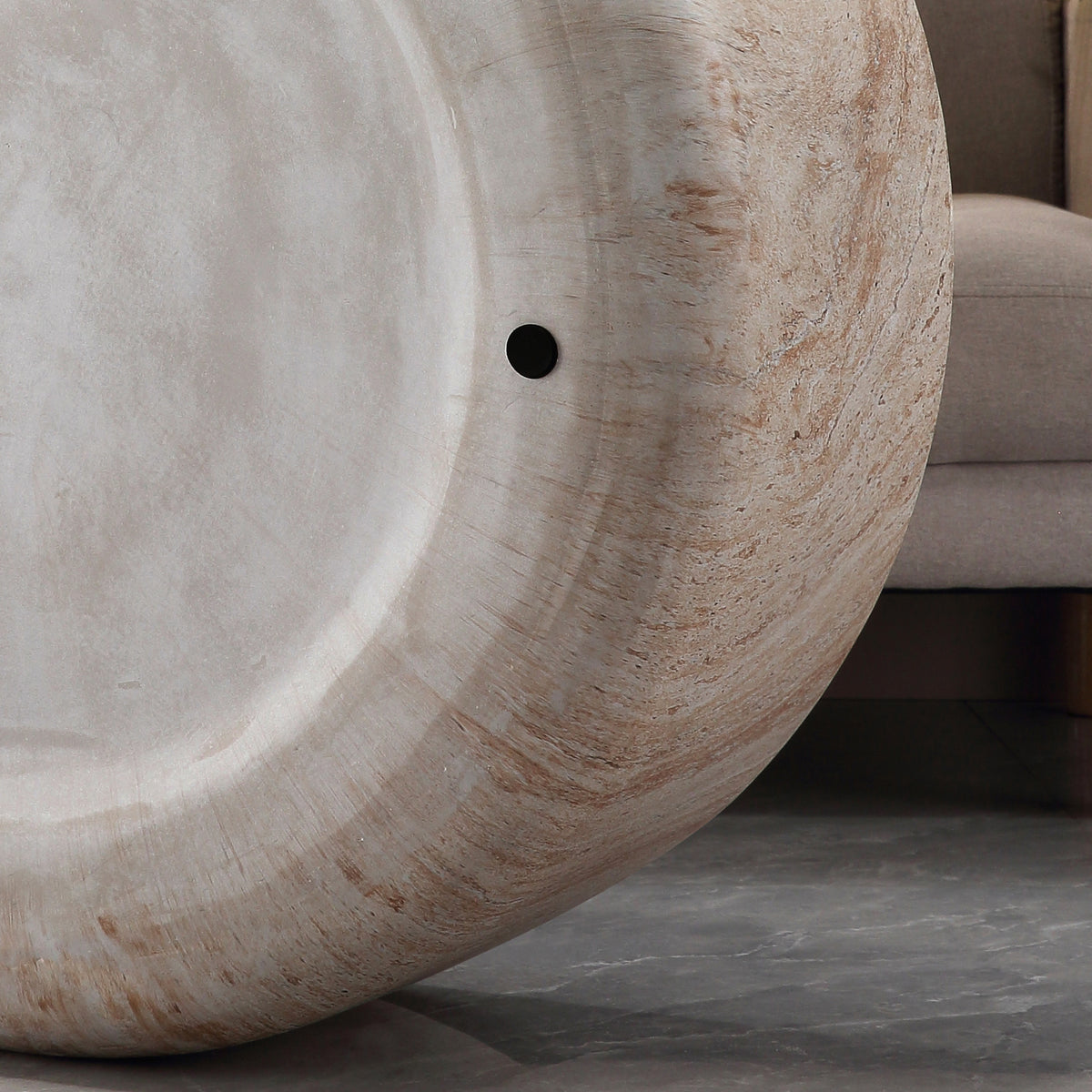 Round Cylinder Coffee Table, MgO Faux Travertine Low Profile Accent Coffee Table, Indoor & Outdoor Decorative Center Table for Living Room Patio, Dia 31.89" x H 12.01"