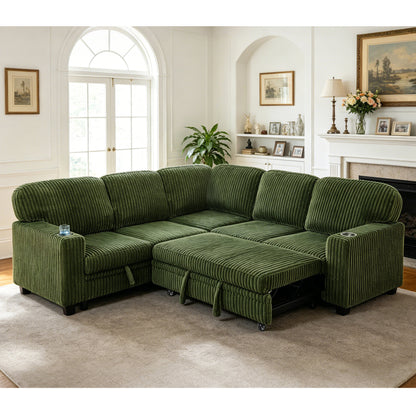 L-Shaped Sectional Sofa Bed with Pull-Out Bed & Storage, 5-Seat Sleeper Couch with USB Charging, Convertible Design, Corduroy Fabric