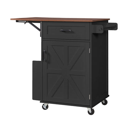 K&K 39.3" Farmhouse Kitchen Island with Drop Leaf, Kitchen Storage Island with Open Side Rack, One Drawer, Towel Rack – Black