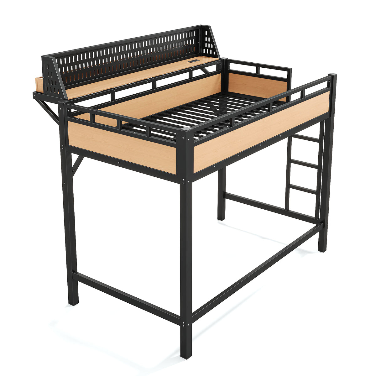 Twin XL size Loft Bed Frame with Storage Shelves and Pegboard, Metal Loft Bed with USB Ports and LED Lights, Safe and Sturdy, Natural