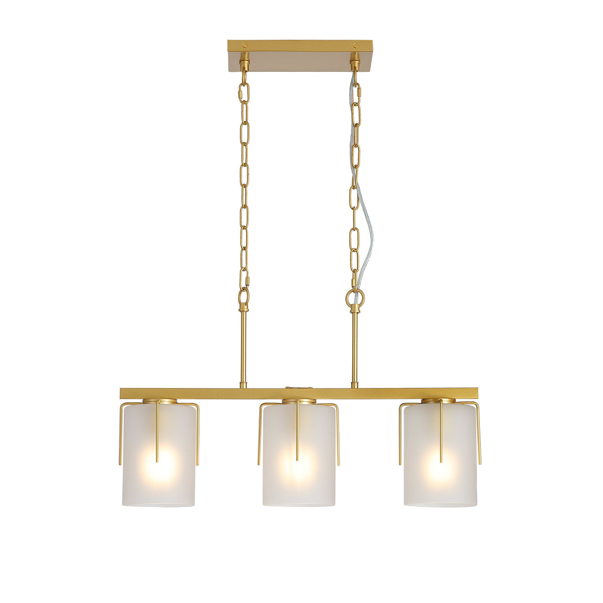 Modern Gold 3-Light Linear Chandelier, E26 Base, Adjustable Height Pendant Light with Milky White Frosted Glass Shades