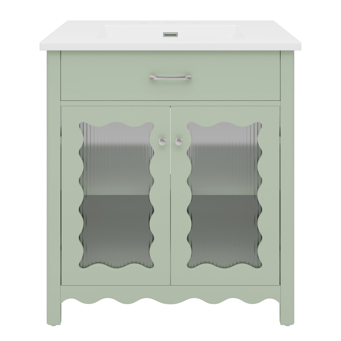 Modern Green Bathroom Vanity with Tempered Glass Doors, Rubber Wood Legs, Soft-Close Hinges, 31'
