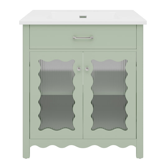 Modern Green Bathroom Vanity with Tempered Glass Doors, Rubber Wood Legs, Soft-Close Hinges, 31'